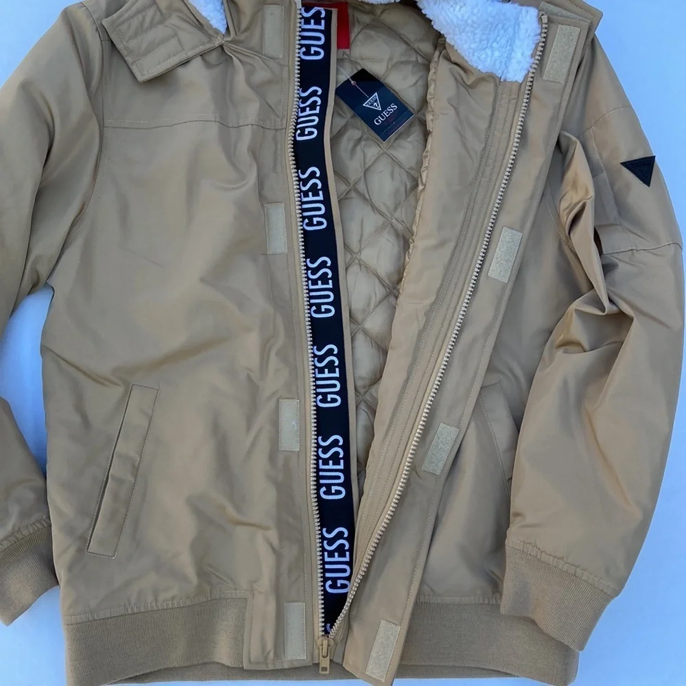 New GUESS Men's Fargo Winter Shearling-Trim Hooded Jacket SZ M